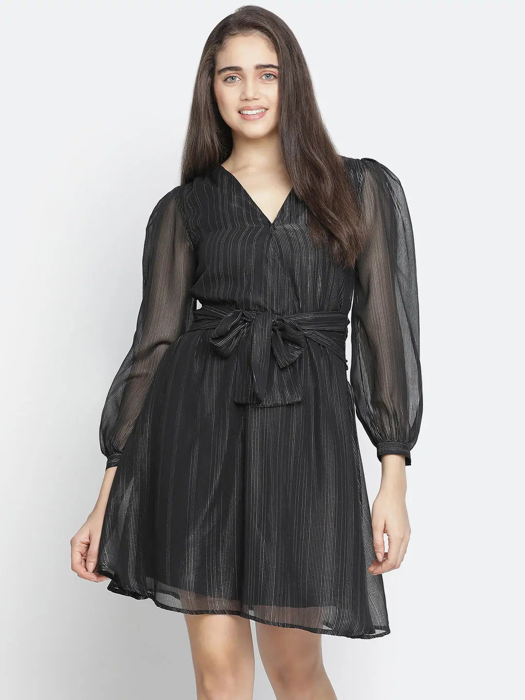 Women Apparel Astute solid black celeb- style women shimmer tie knot dress