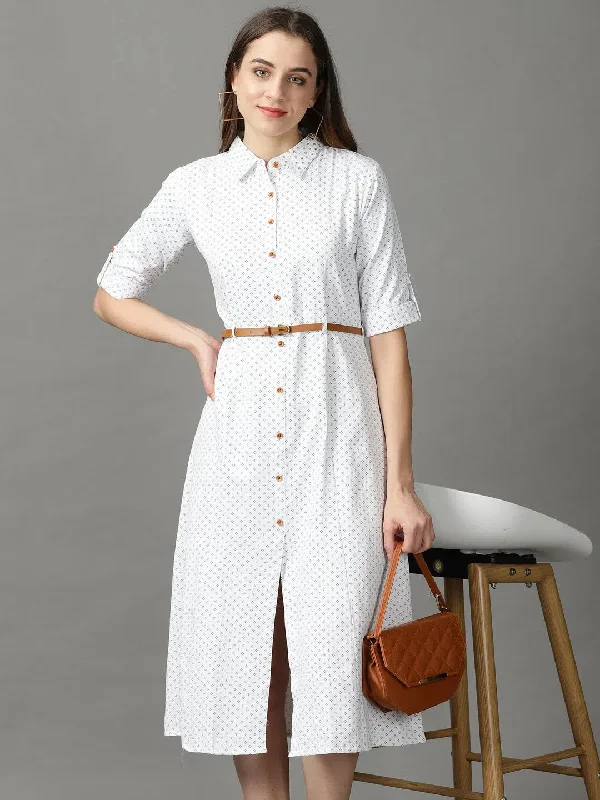 Women's Outerwear for All Weather Conditions Women's White Printed A-Line Dress-DF-4700-3-White