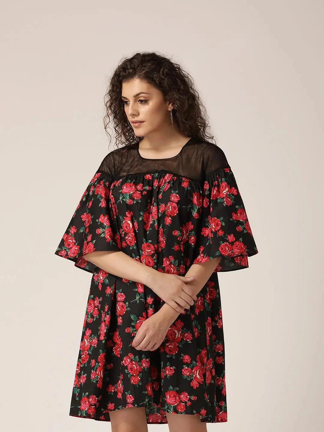 Timeless Women's Fashion Styles Sheer neck and flare sleeve Dress in Black and Red