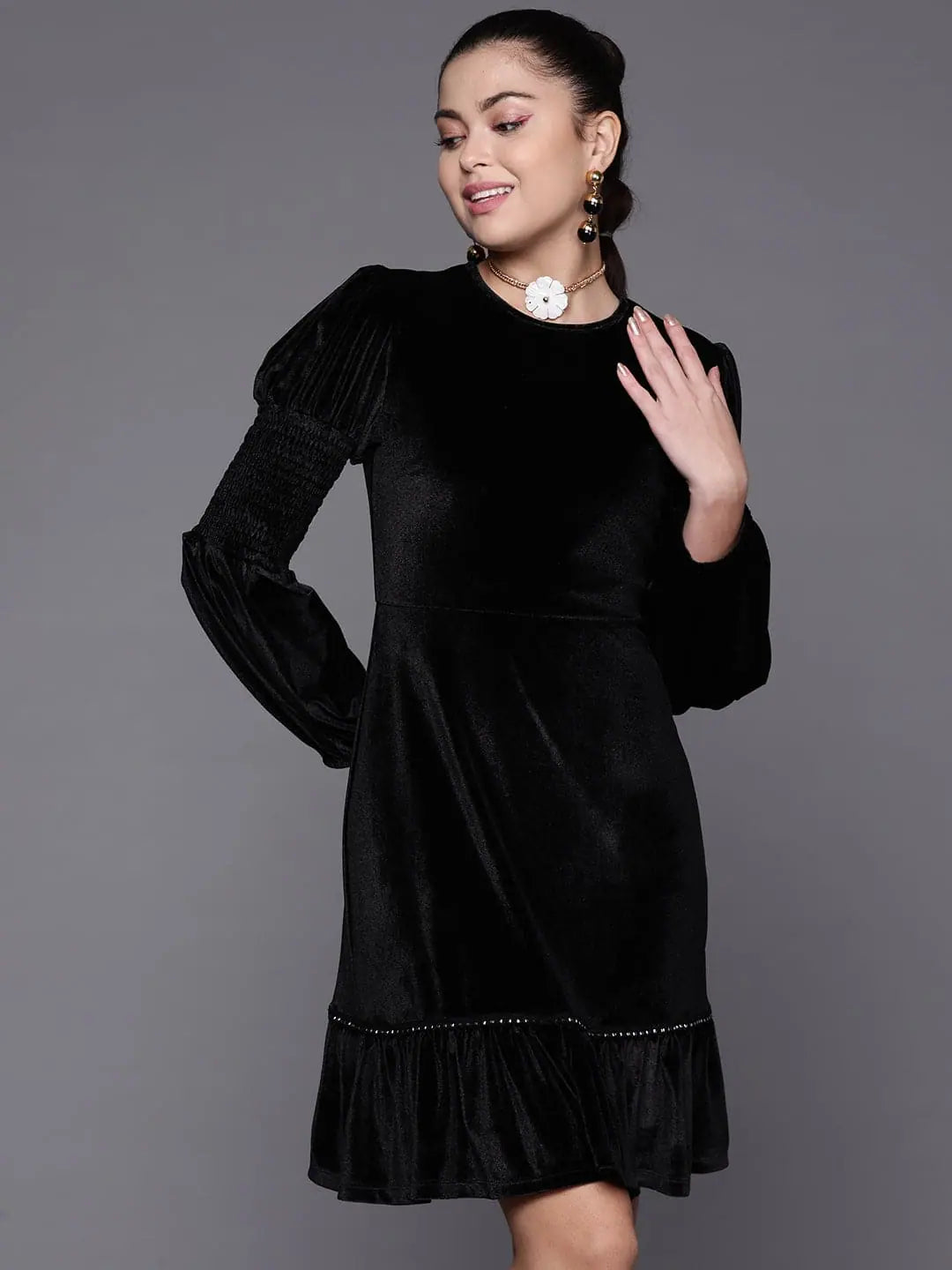 Premium Fabrics Women Black Velvet Frill Hem Dress