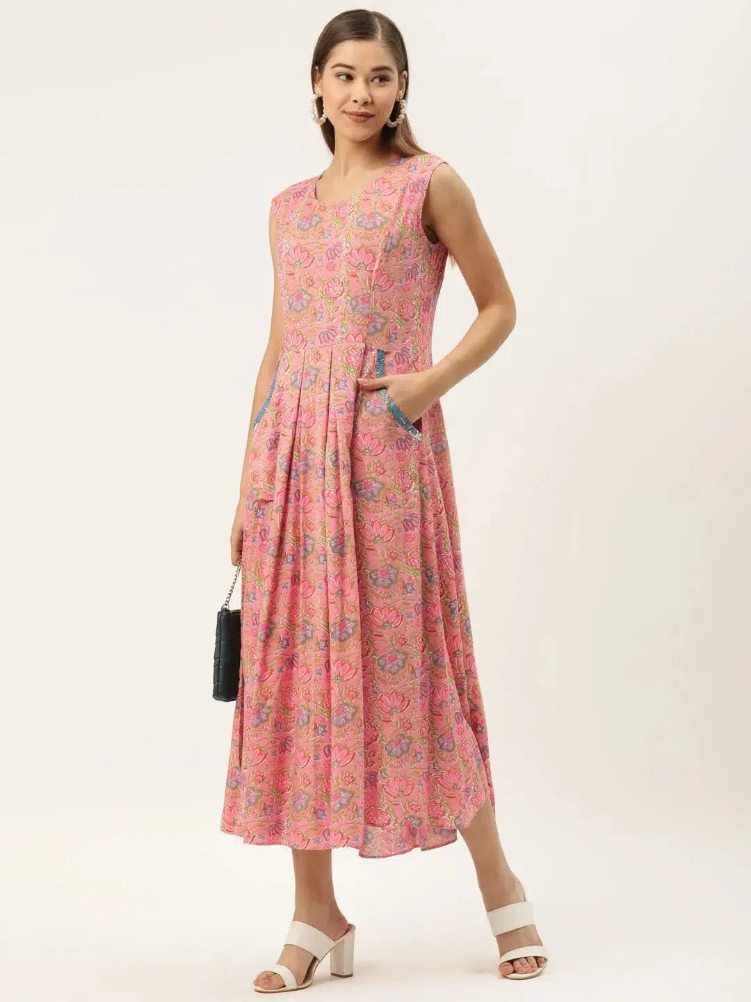 Women Wear Online Box pleat dress with side pockets in Peach