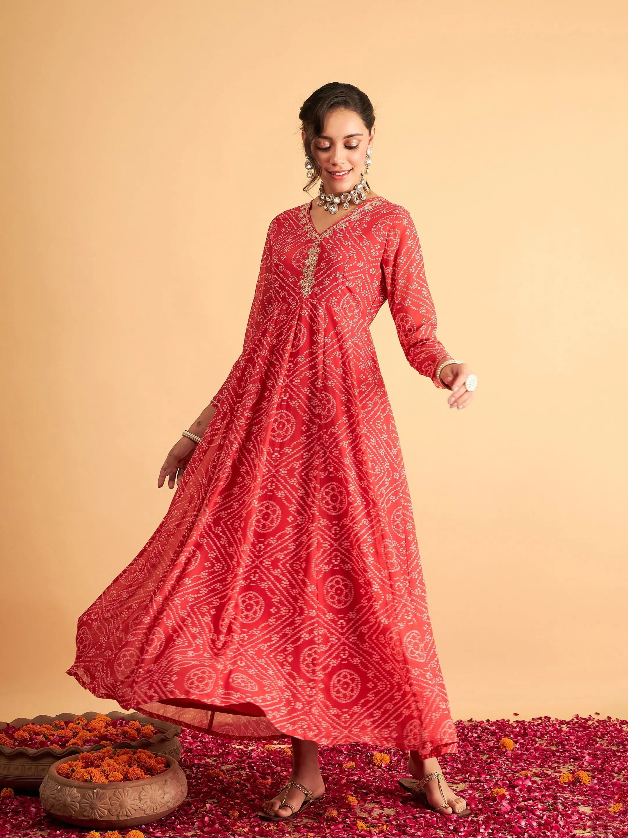 Chic Women's Garments Women Red & White Bandhej Anarkali Dress