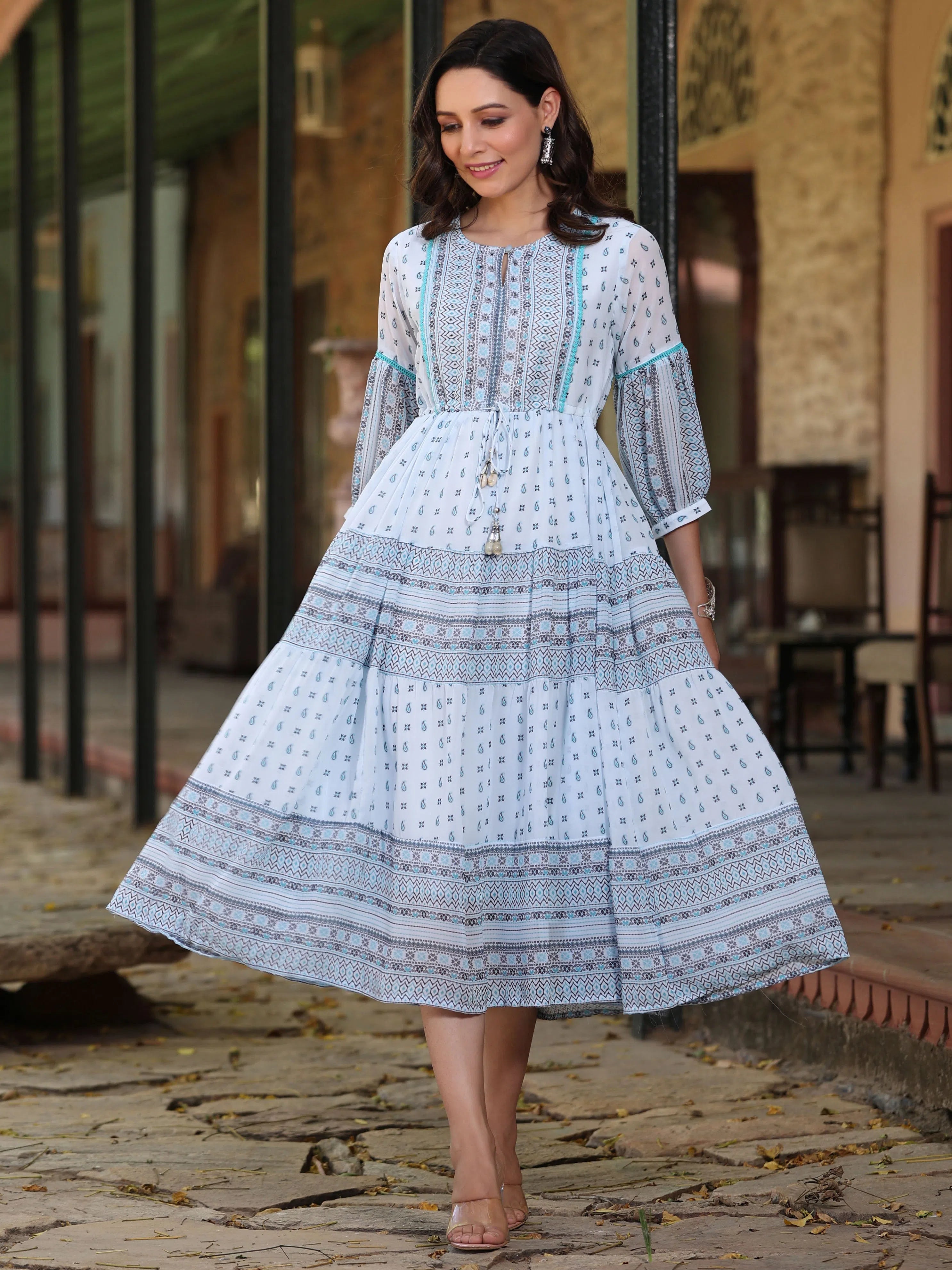 Fashion Sale Juniper Women's Skyblue Georgette Printed Flared Dress