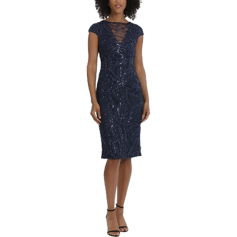 Premium Fabrics Maggy London Womens Sequined Mesh Inset Sheath Dress