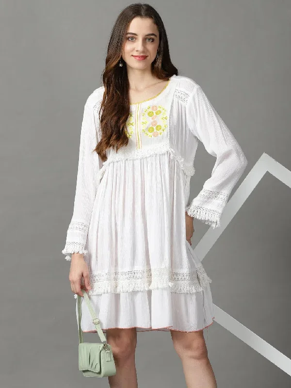 Comfortable Women's Outfits Women's White Embroidered Empire Dress-GW-3289-White