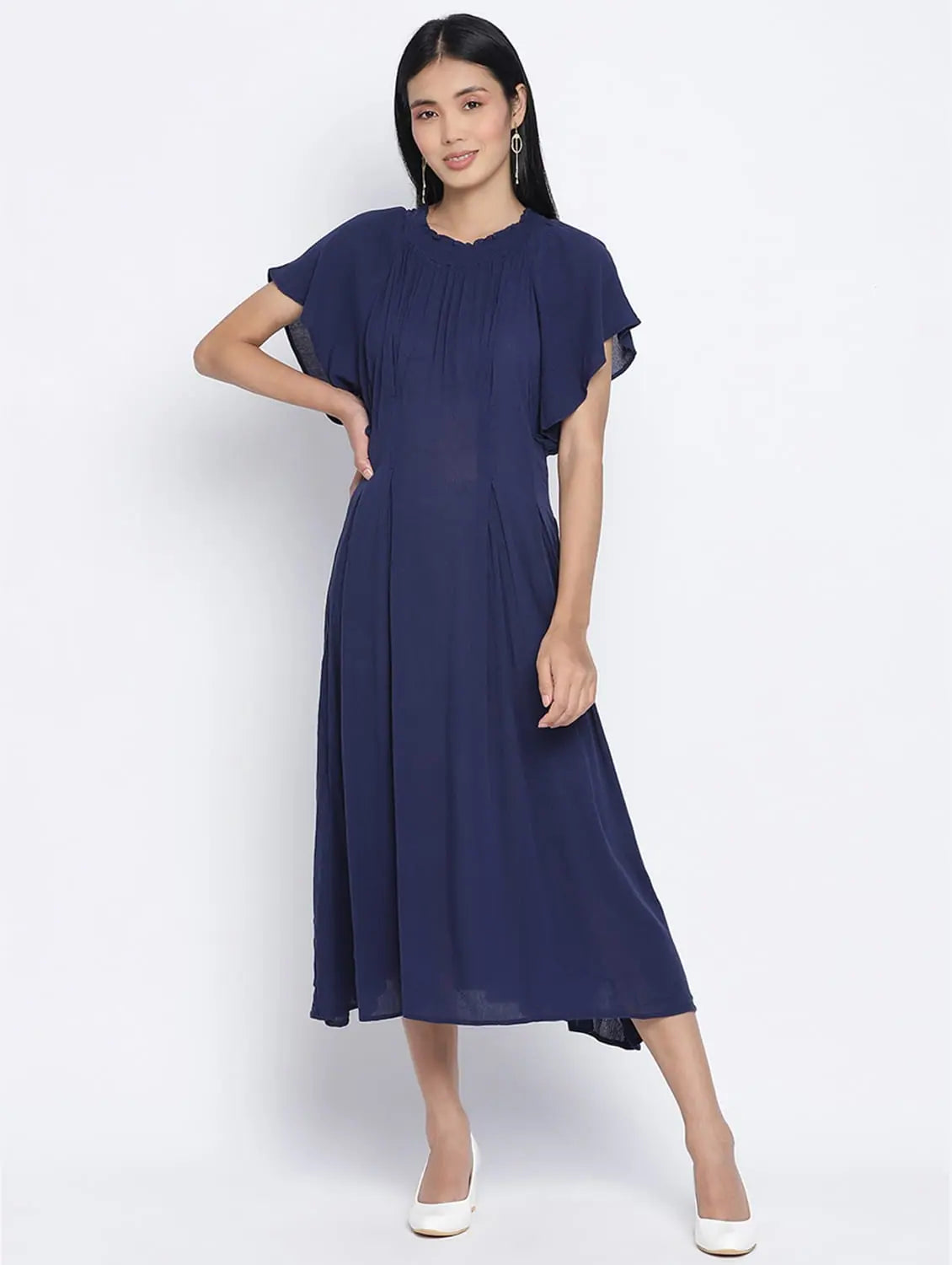Plus-Size Women's Garments Warbler Soild Blue Women Neck Details Dress