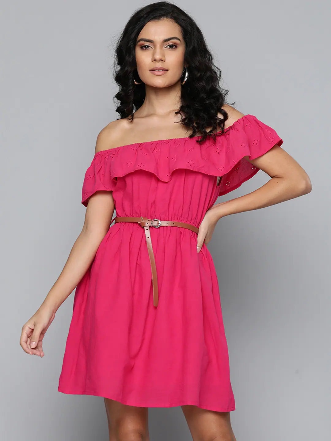 Women's Clothes And Garments Fuchsia Bardot Schiffli Belted Dress