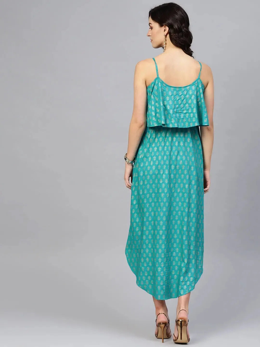 Women's High Street Fashion Printed Flare yoke with U hem long dress in Mint Blue