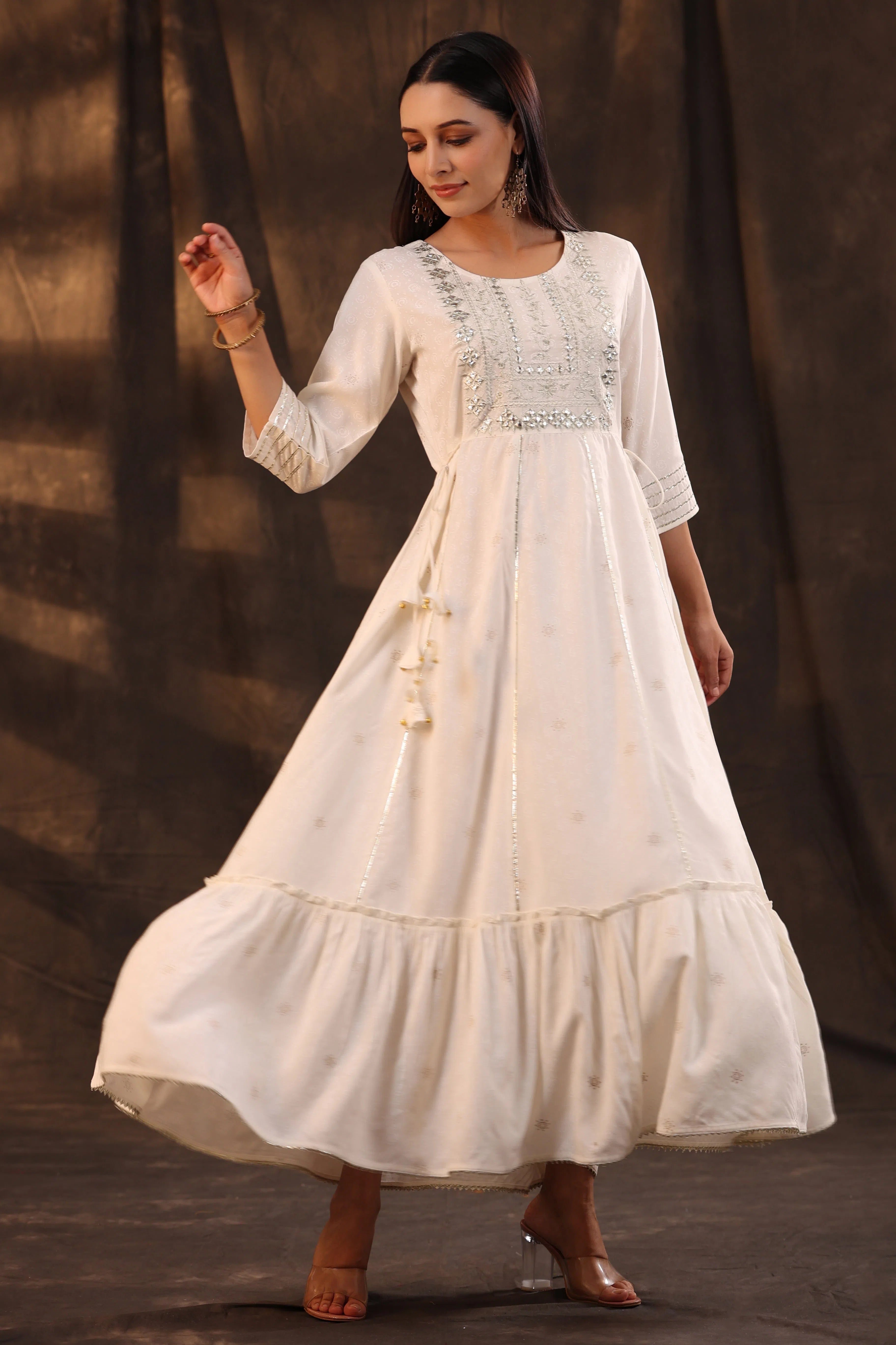 Winter Wardrobe Clearance Juniper Women's Ivory Rayon Staple Printed Embroidered Flared Dress