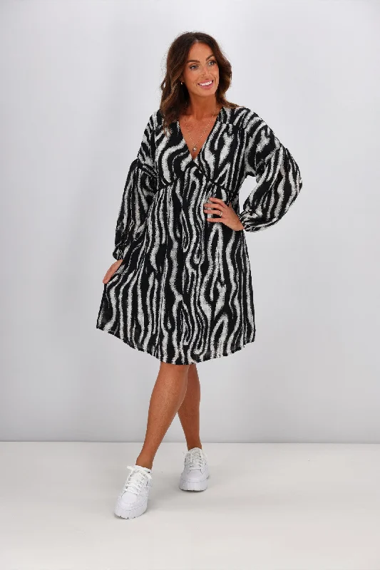 Women's Evening Wear Outfit Gloss by Shine On Nerida Empire Dress Speckle Zebra Print