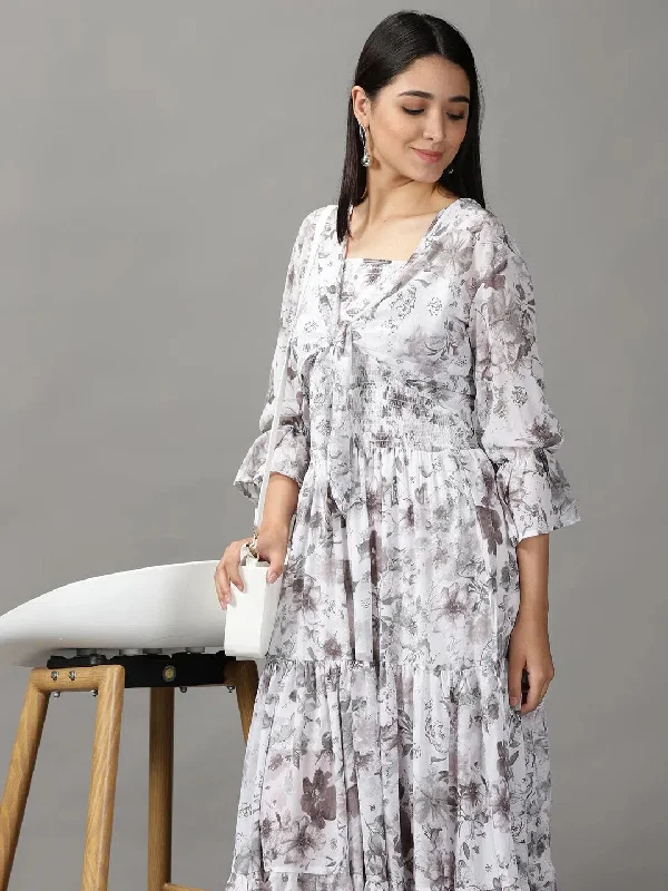 Stylish Everyday Clothing Women's White Printed Fit and Flare Dress-AE-15694-White