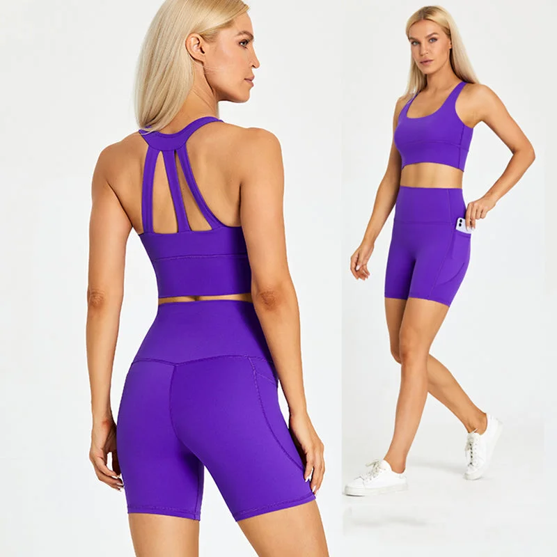Premium Yoga Wear At Special Discounts Form Fitting Shorts with Pocket and Triangle Strap Bra