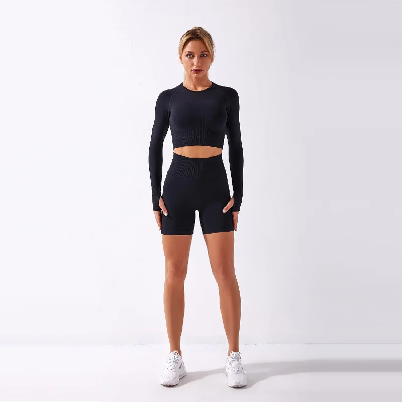 The Best Yoga Clothing At The Best Prices Moisture Wicking High Waisted Shorts with Long Sleeve Crop Top