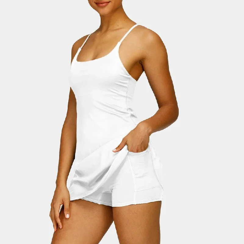 Find Your Perfect Fit With Discounted Yoga Outfits Spaghetti Strap Tennis Dress with Built-In Shorts Liner