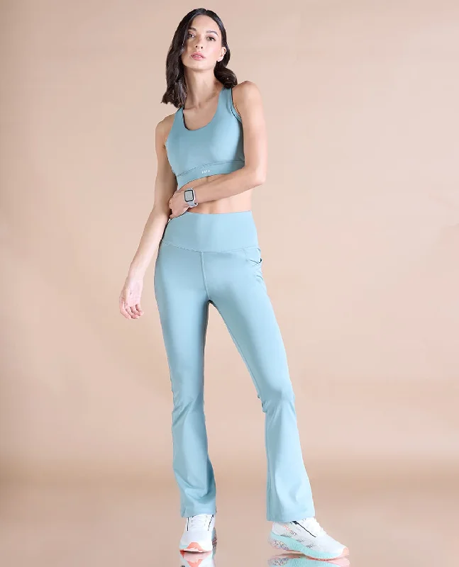 Soft, Stretchy, And Super Affordable Yoga Wear Strappy Bra & Flare Pants - Surf Green