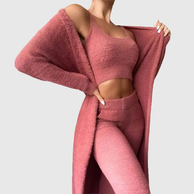 Yoga Wear At Unbeatable Prices 3Pc Lounge Set Crop Top Long Sleeve Coat and High Waist Pants
