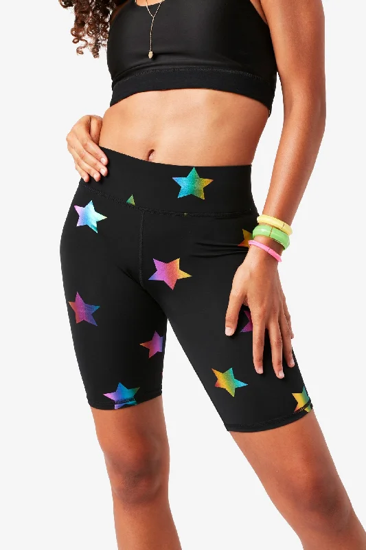 Unmissable Deals On Flexible Yoga Apparel UpLift Bike Shorts in Black Rainbow Star Foil
