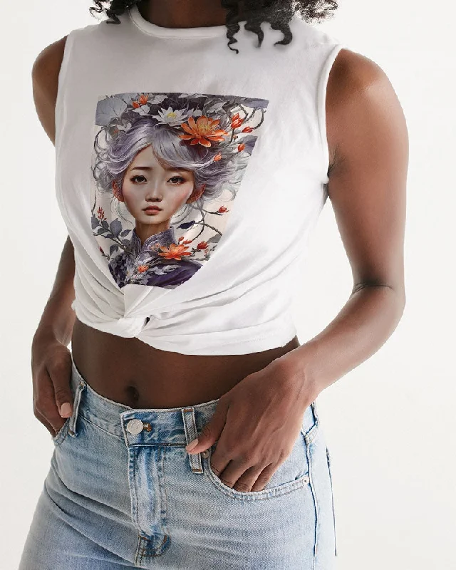 Unbeatable Deals On Breathable Yoga Apparel Beautiful Asian woman grey hair blossom Women's  All-Over Print Twist-Front Tank