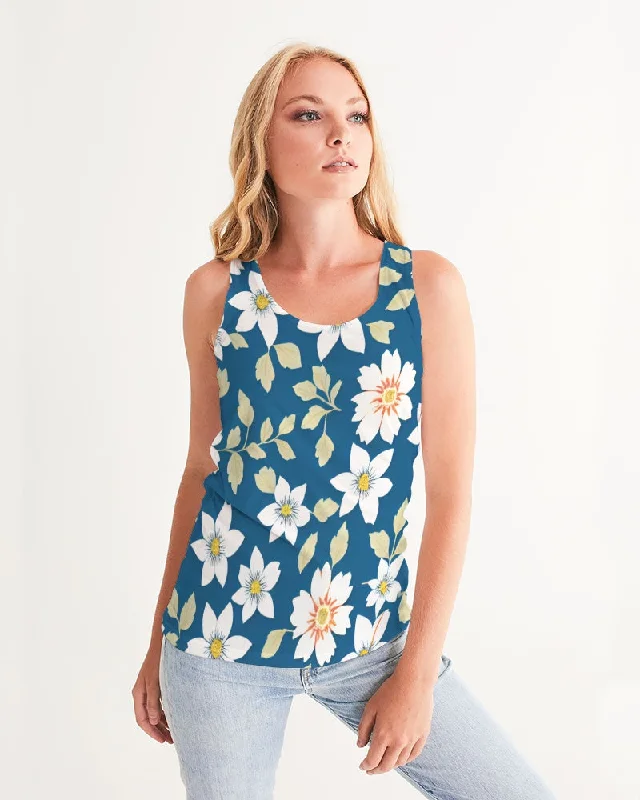 Limited-Time Savings On Yoga Leggings And Tops Dark blue background and white flower pattern Women's All-Over Print Tank