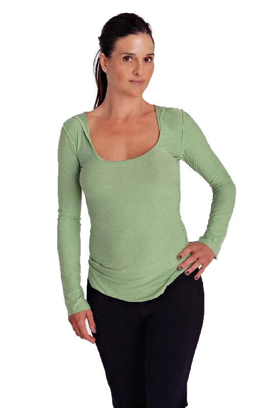 Lightweight, Breathable Yoga Wear At Special Prices Deep Scoop Neck Long Sleeve Hoodie Top (Bamboo Green) by 4-rth