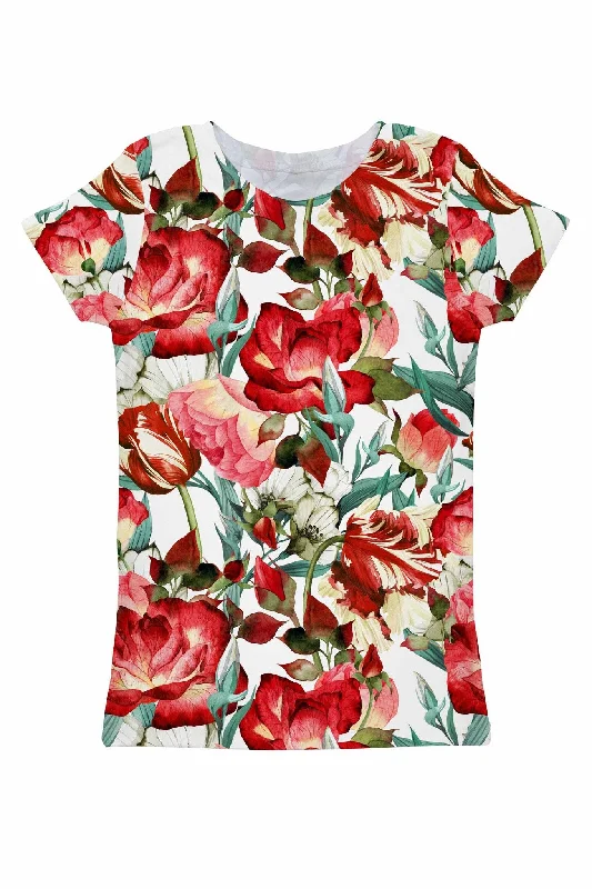 Look Good, Feel Good, And Save Big Love Song Zoe Red Floral Print Ornate Designer Tee - Women