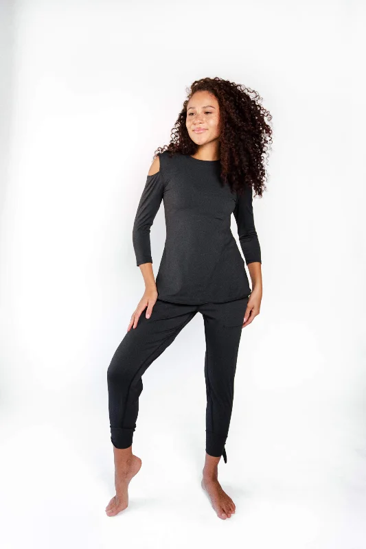 Master Every Pose With Premium Yoga Wear Deals Open Shoulder Top in Jet Black by Yoga Democracy