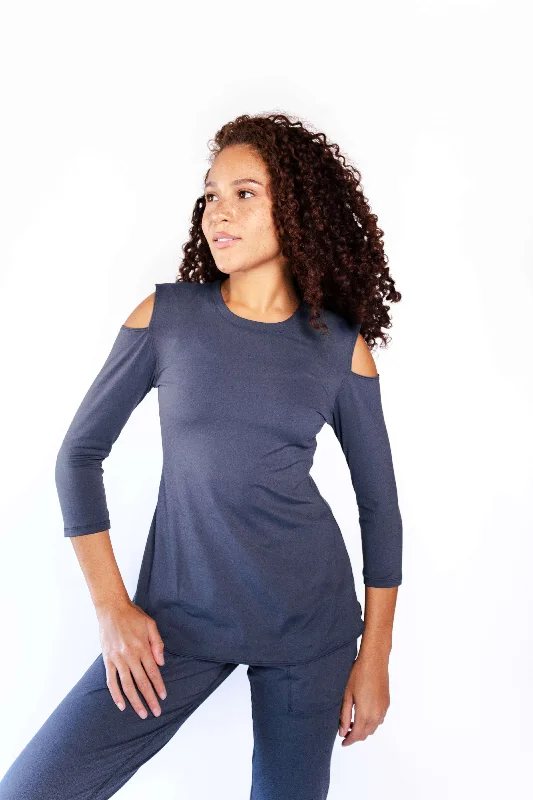 Stretch In Style With Budget-Friendly Yoga Wear Open Shoulder Top in Navy Blue by Yoga Democracy