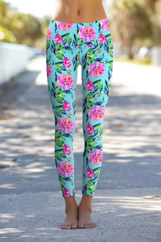 Flow In Comfort With Stylish Discounts Peony Splash Lucy Blue Floral Print Performance Yoga Leggings - Women