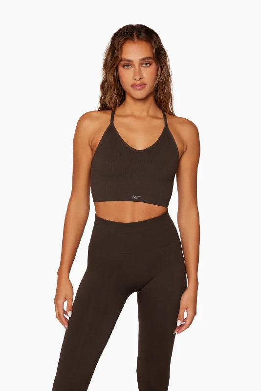 Soft, Supportive Yoga Wear At Unbeatable Savings SCULPTFLEX® RIBBED V BRA - ESPRESSO