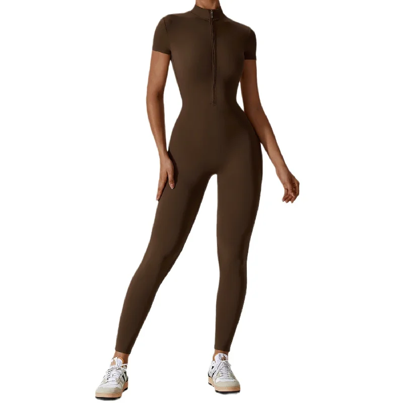 Enhance Your Flow With Stylish Yoga Wear At Great Prices Zipper short sleeve nude yoga jumpsuit 8305 4color