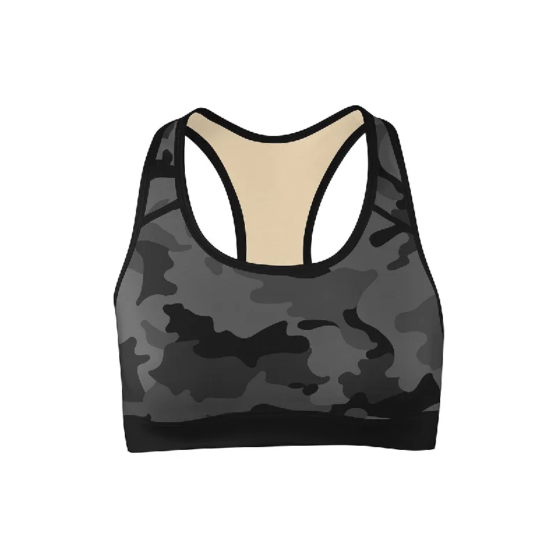 Move With Confidence In Discounted Yoga Outfits Black Camo Sports Bra
