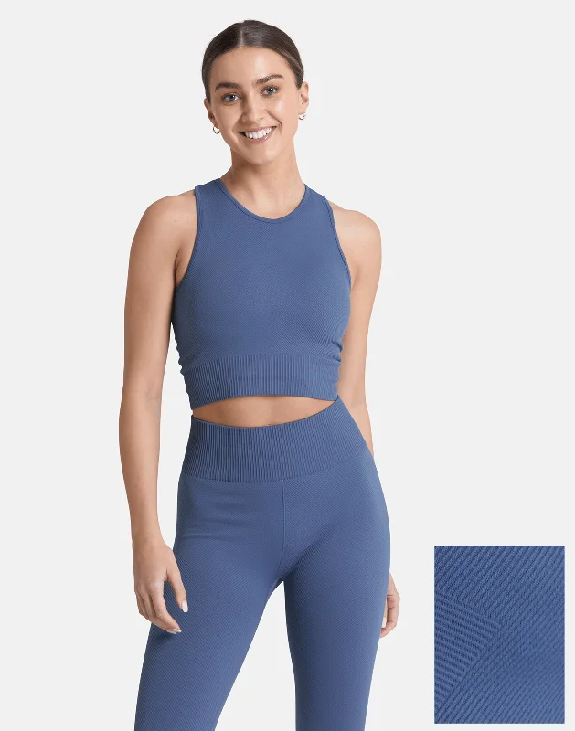 Sweat In Style With Yoga Clothing Discounts Lotus Chevron Bra in Thunder Blue