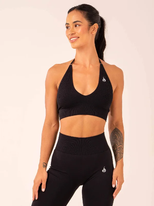 Flexibility Meets Affordability In Our Yoga Wear Sale Lift Rib Seamless Halter Sports Bra - Black