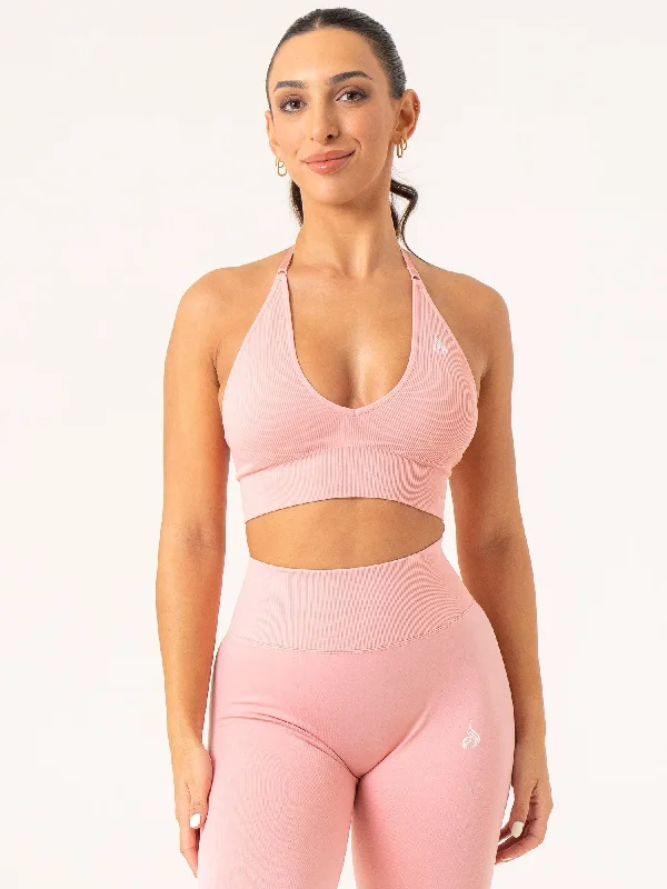 Embrace Comfort With Yoga Wear On Sale Lift Rib Seamless Halter Sports Bra - Pink
