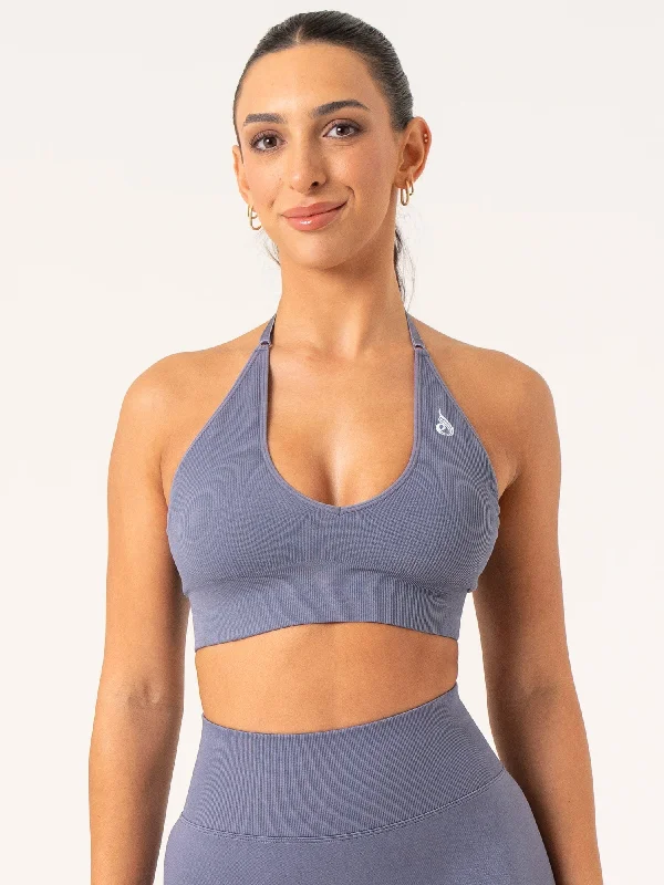 Find Balance In Stylish And Affordable Yoga Wear Lift Rib Seamless Halter Sports Bra - Slate Blue
