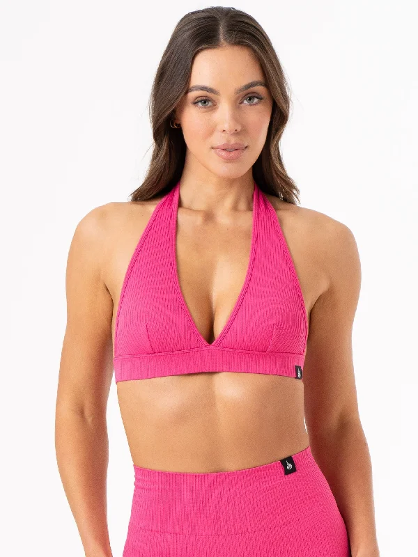 Flexibility Meets Affordability In Our Yoga Wear Sale Rib Seamless Halter Sports Bra - Hot Pink
