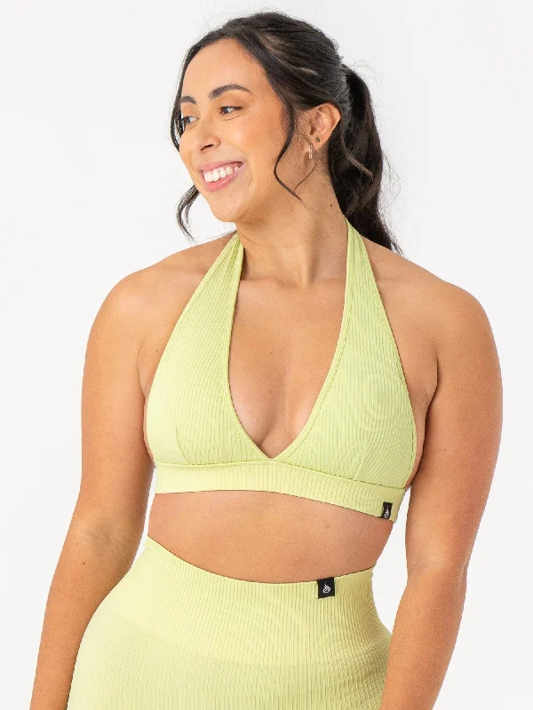 Limited-Stock Sale On Yoga Tops And Leggings Rib Seamless Halter Sports Bra - Lime