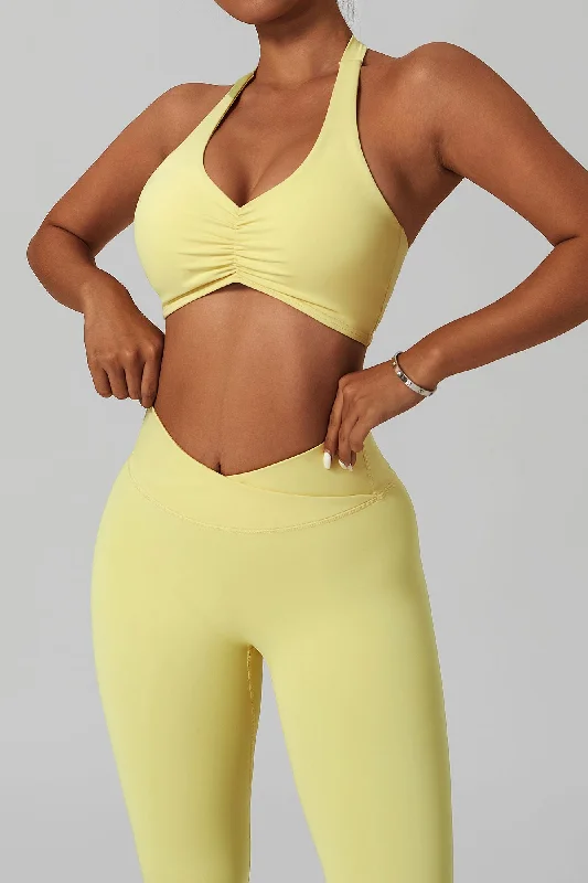 Limited-Stock Sale On Yoga Tops And Leggings Front Ruched Halter Backless Sports Bra